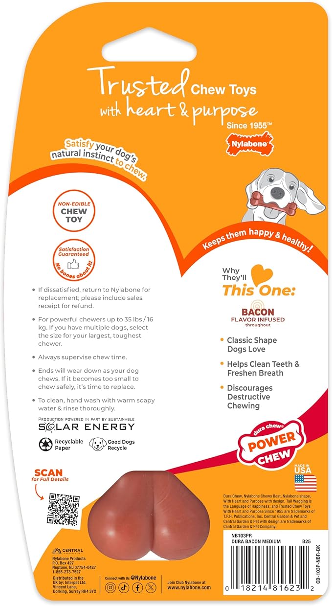 Nylabone Power Chew Classic Bone Chew Toy for Dogs, Durable Dog Toys for Aggressive Chewers, Bacon Flavor, Medium/Wolf - Up to 35 lbs. (1 Count)