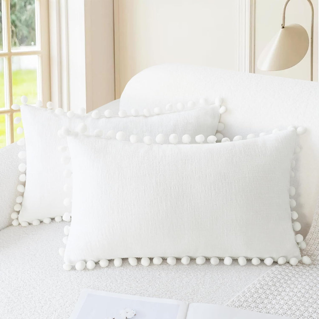 CaliTime Throw Pillow Covers Decorative 12 X 12 Inches Pack of 2 Cozy Solid Dyed Soft Chenille Cushion Cases with Pom Poms for Couch Sofa Bed Living Room Home True White