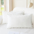 CaliTime Throw Pillow Covers Decorative 12 X 12 Inches Pack of 2 Cozy Solid Dyed Soft Chenille Cushion Cases with Pom Poms for Couch Sofa Bed Living Room Home True White