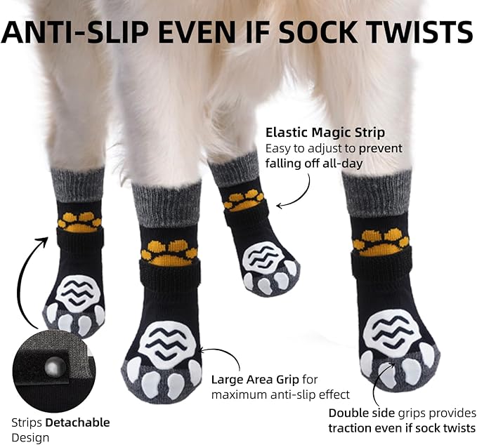 PUPTECK Anti Slip Dog Socks 2 Pairs with Double Grippers for Hardwood Floors, Shoes for Hot/Cold Pavement, Boots & Paws Protectors to Prevent Licking, Traction Booties for Senior Small Large Dogs