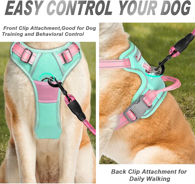 BARKBAY No Pull Dog Harness Front Clip Heavy Duty Reflective Easy Control Handle for Large Dog Walking(Cool Mint & Baby Pink,XL)
