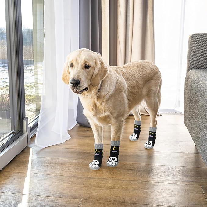 PUPTECK Anti Slip Dog Socks 2 Pairs with Double Grippers for Hardwood Floors, Shoes for Hot/Cold Pavement, Boots & Paws Protectors to Prevent Licking, Traction Booties for Senior Small Large Dogs