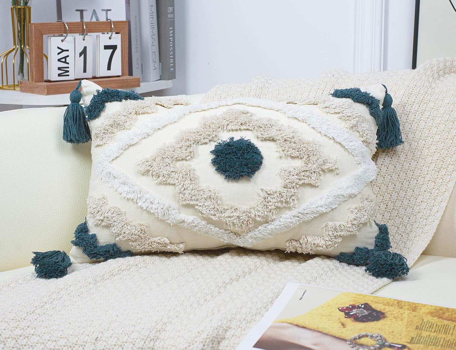 Decorative Farmhouse Throw Pillow Covers 12 x 20,Modern Neutral Couch Pillow Cover,Cotton Checked Pattern Boho Lumbar Pillow Case Cover for Couch Bed Sofa Bedroom,Blue&Beige&White