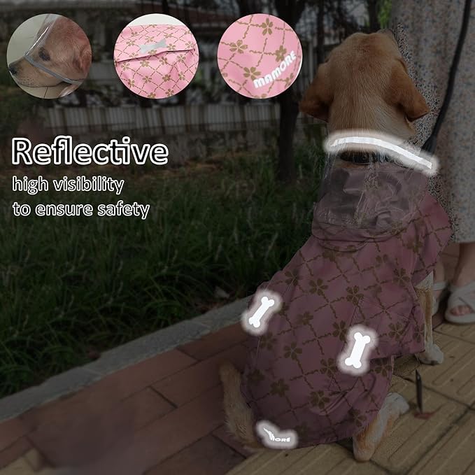 Waterproof Dog Raincoat, Adjustable Reflective Lightweight Pet Rain Clothes with Poncho Hood (Gold Cheery Blossoms Pink, X-Small)
