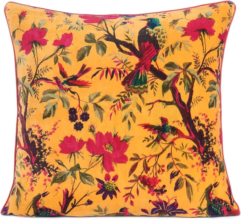 Eyes of India Velvet Floral Flower Bird Throw Pillow Sofa Cushion Cover Case Couch Colorful Boho Chic Bohemian Accent Indian Handmade (Yellow, 20" x 12")