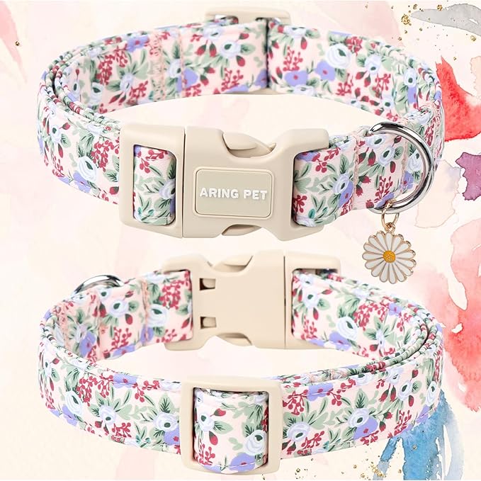 ARING PET Floral Dog Collar, Cute Purple Flower Spring Summer Pet Collars with Quick Release Buckle for Puppy Small Medium Large Boy Girl Dogs-S