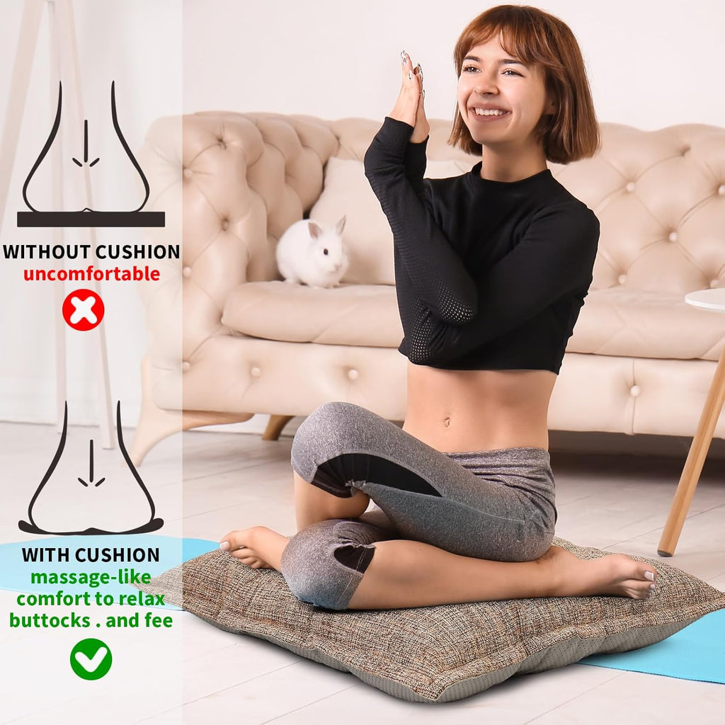 SINSOSSO Large Floor Pillows 22", Thickened Bite-Size Memory Foam Square Non-Slip Cushions for Office Back Support/Yoga/Chair Seat, Fashionable Color-Blocked Fabric & Washable, Light Brown, 2 PCS