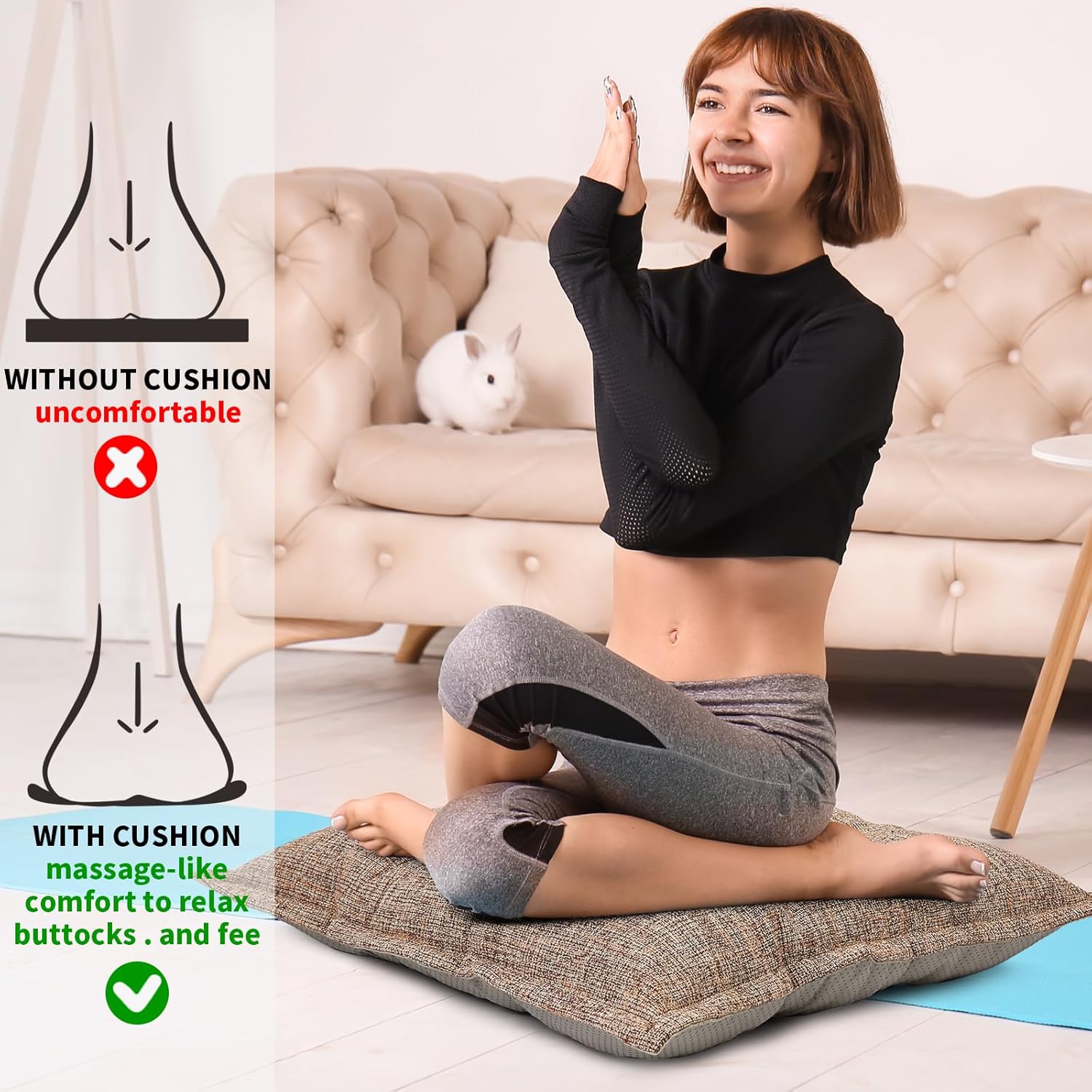 SINSOSSO Large Floor Pillows 22", Thickened Bite-Size Memory Foam Square Non-Slip Cushions for Office Back Support/Yoga/Chair Seat, Fashionable Color-Blocked Fabric & Washable, Light Brown, 2 PCS