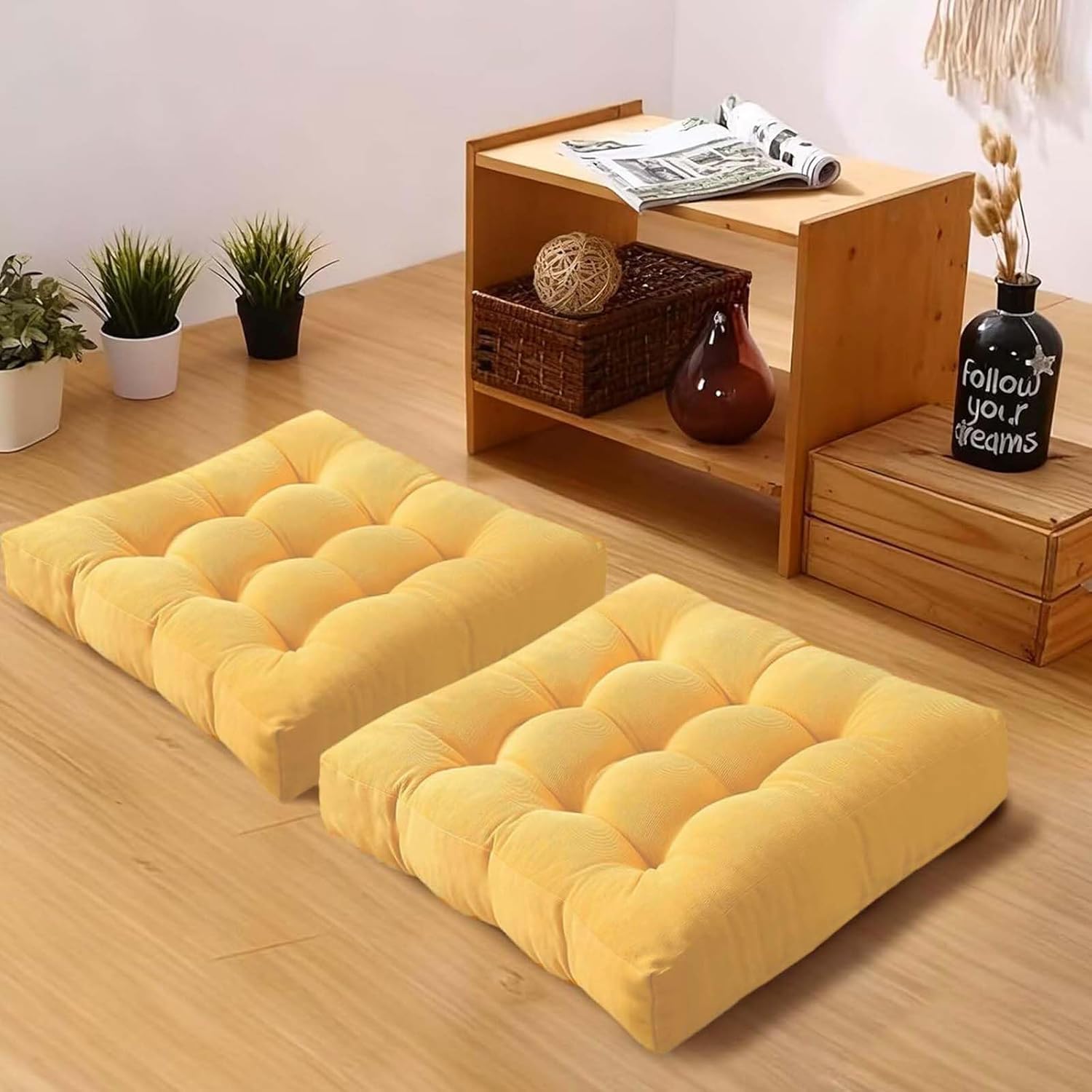 Meditation Floor Pillow Set of 2 Square Large Seat Pillows for Adults Tufted Corduroy Floor Cushion for Tatami Living Room Bedroom Yellow 22x22 Inch
