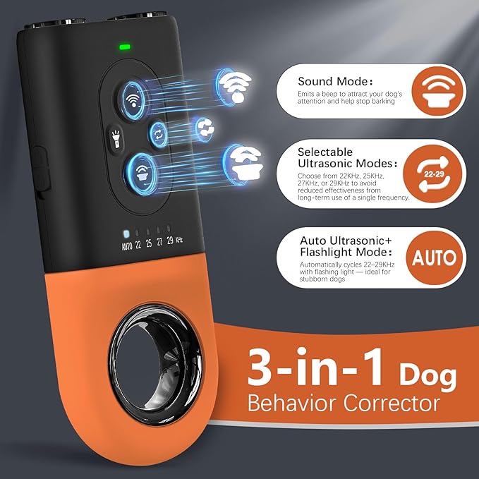 Dog Bark Deterrent Devices, Anti Barking Device for Dogs with Dual Emitters, 35 ft Range, LED Flashlight, Rechargeable Handheld Trainer, Safe & Effective, Stop Neighbors Dog