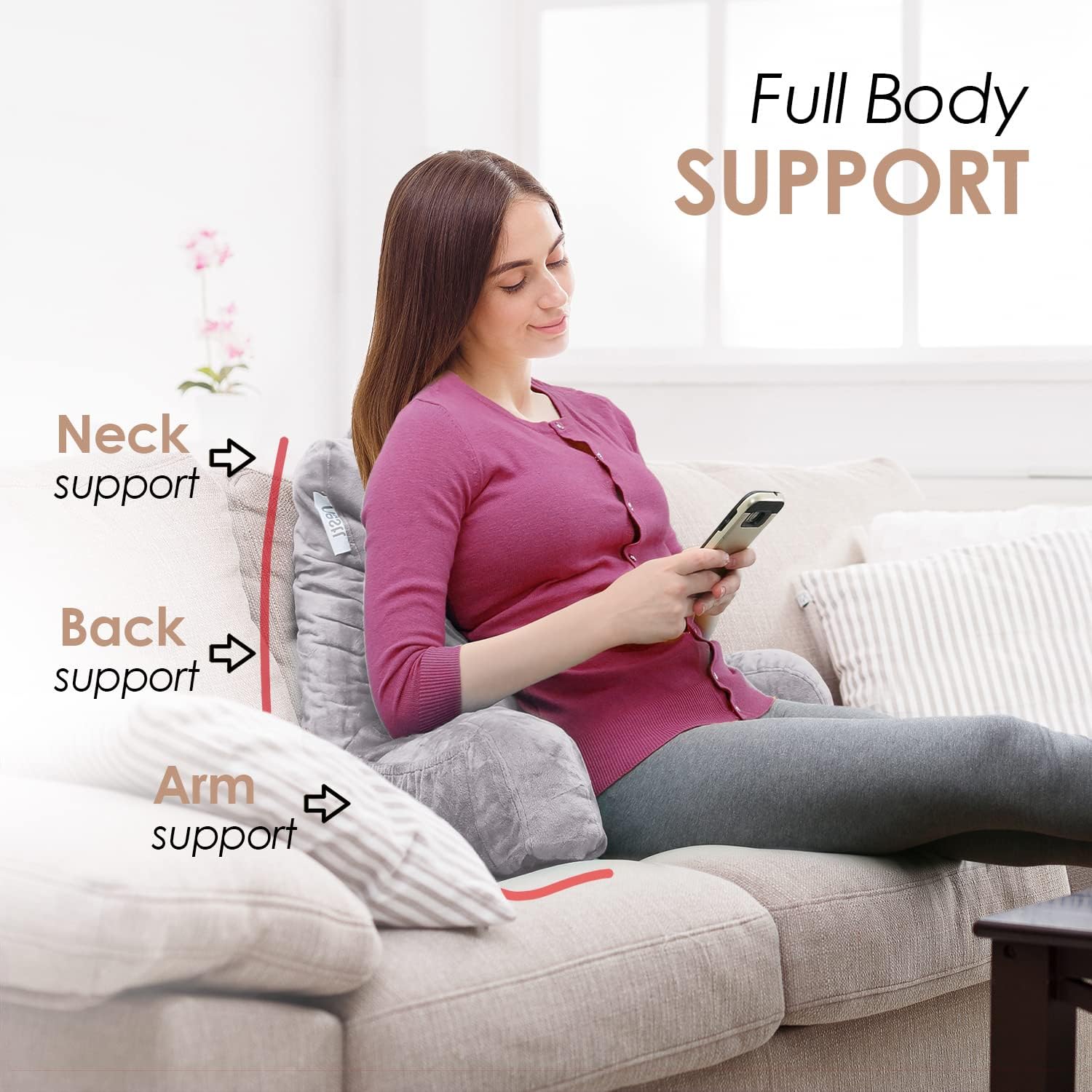 Nestl Reading Pillow with Shredded Memory Foam, Designed for Sitting Up in Bed and Couch, Back and Arms Adjustable Support for Adult & Teens Backrest Pillows for Reading, Washable Cover, Grey Lavender