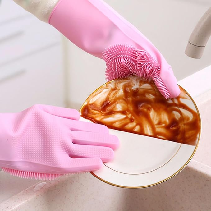 Pet Grooming Gloves，Heat-Resistant Silicone Gloves with High-Density Teeth for Enhanced Massaging and Bathing of Dogs and Cats (Pink, 1 Pair)