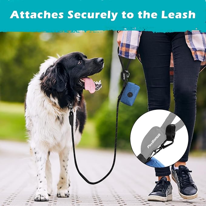 PetBonus Dog Poop Bag Holder, Portable Pet Waste Bag Dispenser, 2 Pouches for Treats and Walking Accessories, Fit All Leashes, Includes 1 Roll of Dog Poop Bags (Blue)