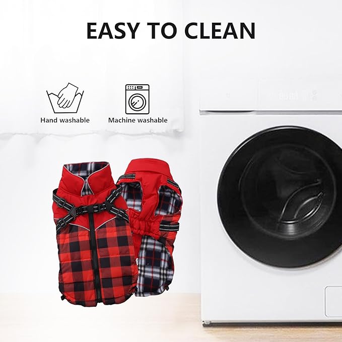 Dog Coat with Harness,Small Dog Winter Coat,Doggie Jackets with Built in Harness,Adjustable Warm Jacket for Medium Large Dogs,Pet Puppy Cold Weather Coats for Dogs Waterproof (PlaidRed, XX-Large)