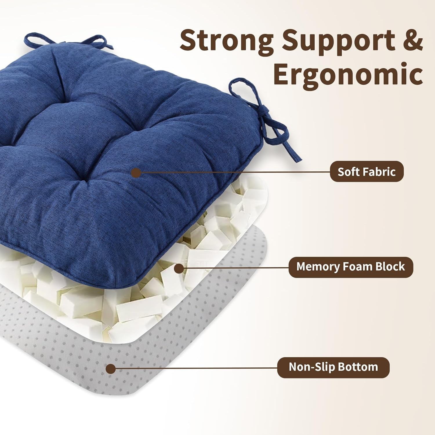 Chair Cushions for Dining Chairs, Tufted Foam Kitchen Chair, Non-Slip Seat Cushions with Ties Set of 4, 15.5" x 15.5" x 4", Dark Blue