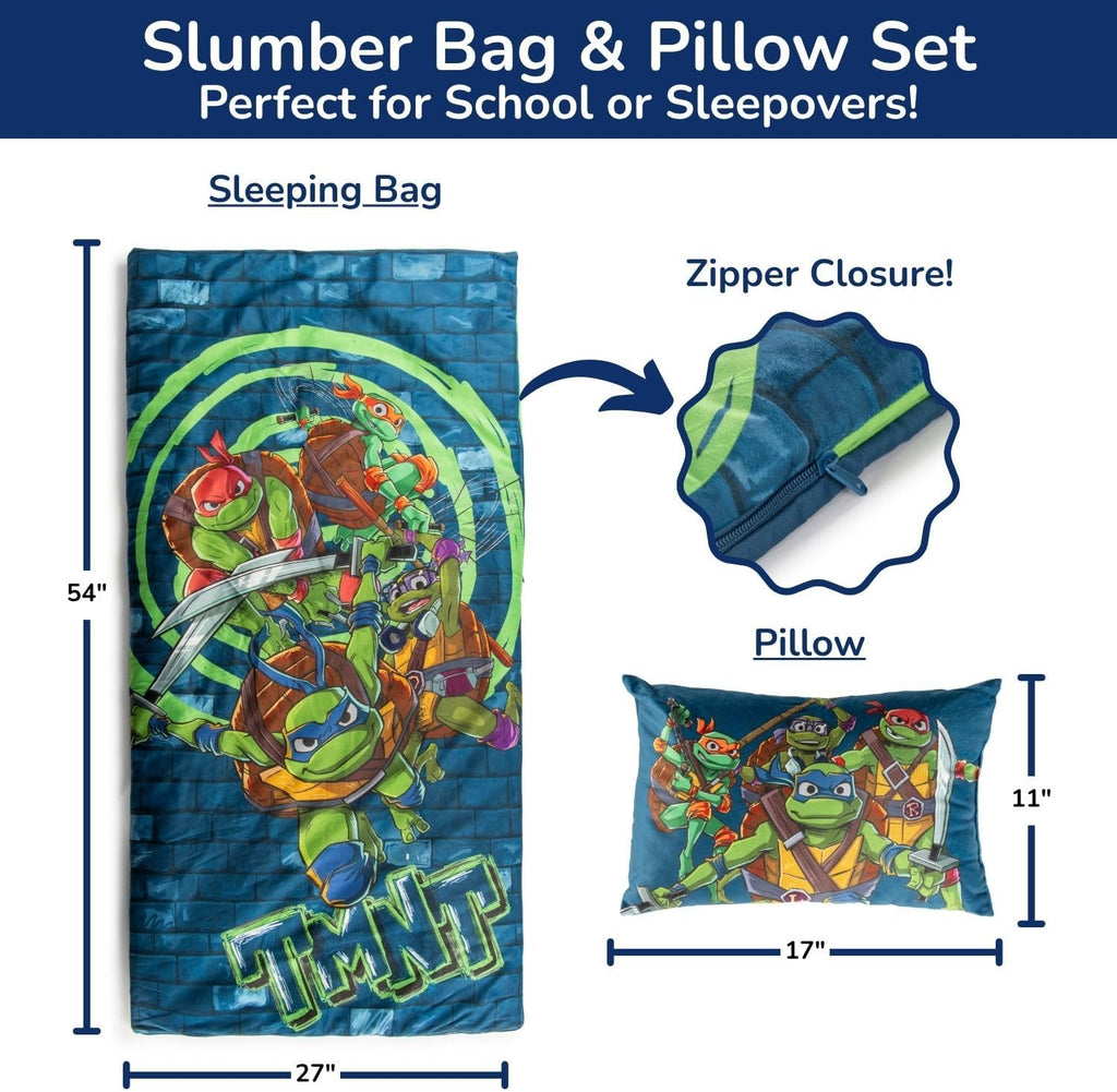 Jay Franco Kids Slumber Bag and Pillow - 54 x 27 Inch Comfy Indoor Sleeping Bag for School and Sleepovers, 2 Piece Set, Blue - Teenage Mutant Ninja Turtles