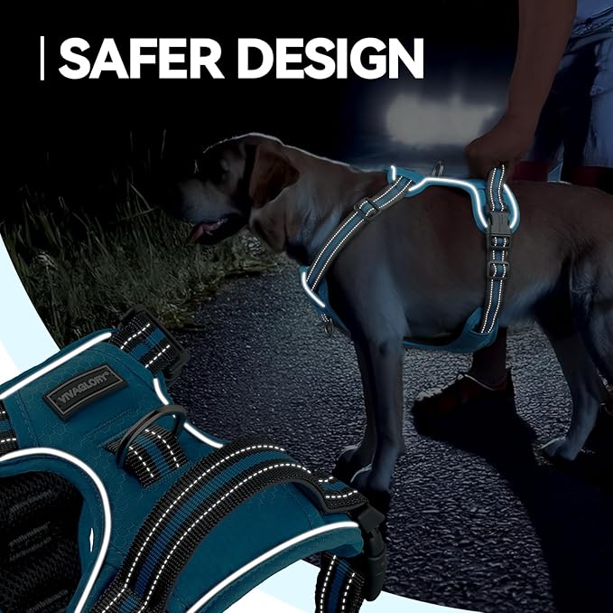 VIVAGLORY Dog Harness Easewalk No Pull Dog Harness with Handle & Front Back Clip for Training Lifting, Easy On Adjustable Padded No Pull for Pet & Puppy, L, Blue