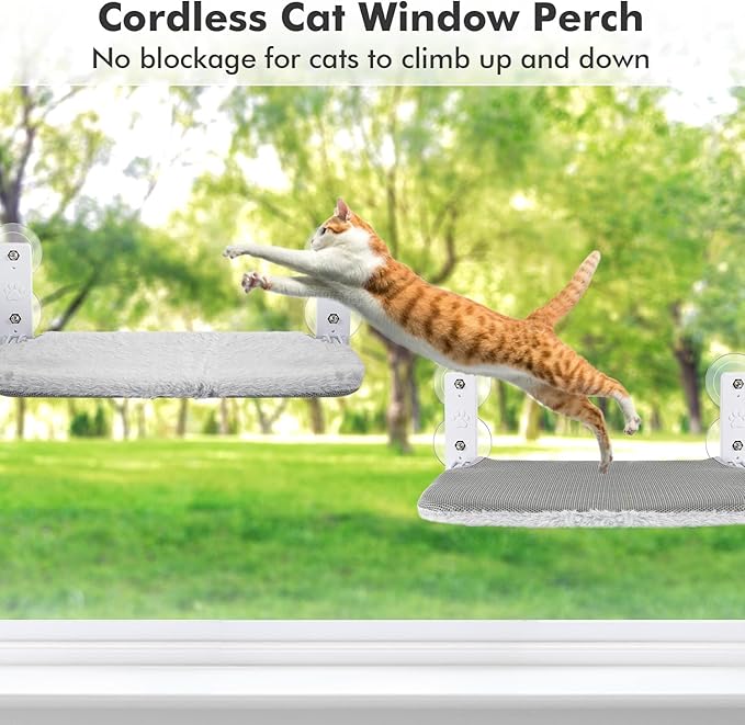 AMOSIJOY Cordless Cat Window Perch, Cat Hammock for Wall with 4 Suction Cups, Anchor&Screw for Two Ways of Installation, Solid Metal Frame and Reversible Cover, Foldable Cat Beds for Indoor Cats