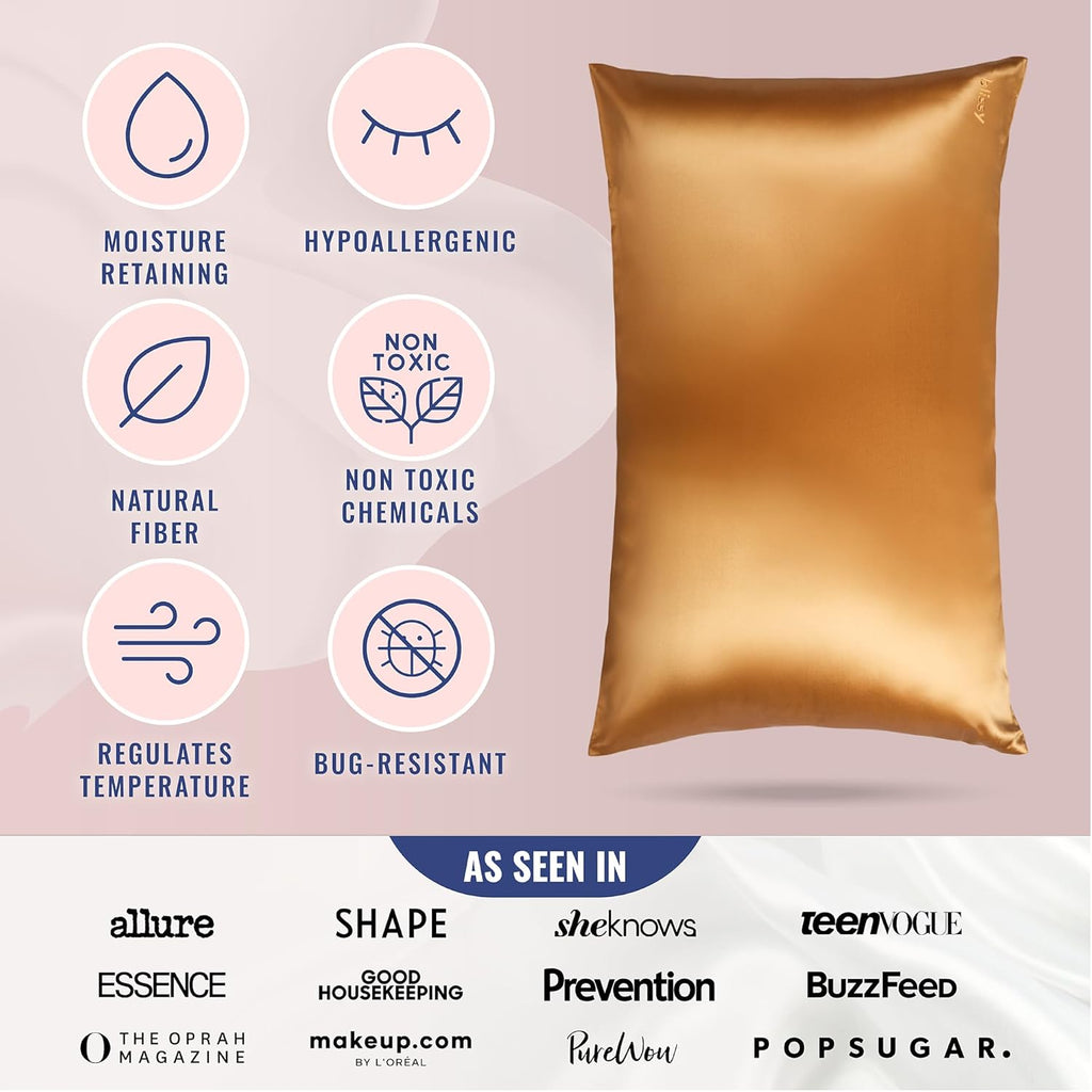 Blissy Silk Pillowcase - 100% Pure Mulberry Silk - 22 Momme 6A High-Grade Fibers - Silk Pillow Cover for Hair & Skin - Regular, Queen & King (Gold, Queen)