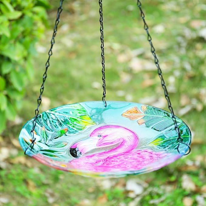VCUTEKA Glass Hanging Bird Bath for Outdoors, BirdBaths with 21-Inch Rust-Proof Chain, Garden Yard Decor, Flamingo Pattern