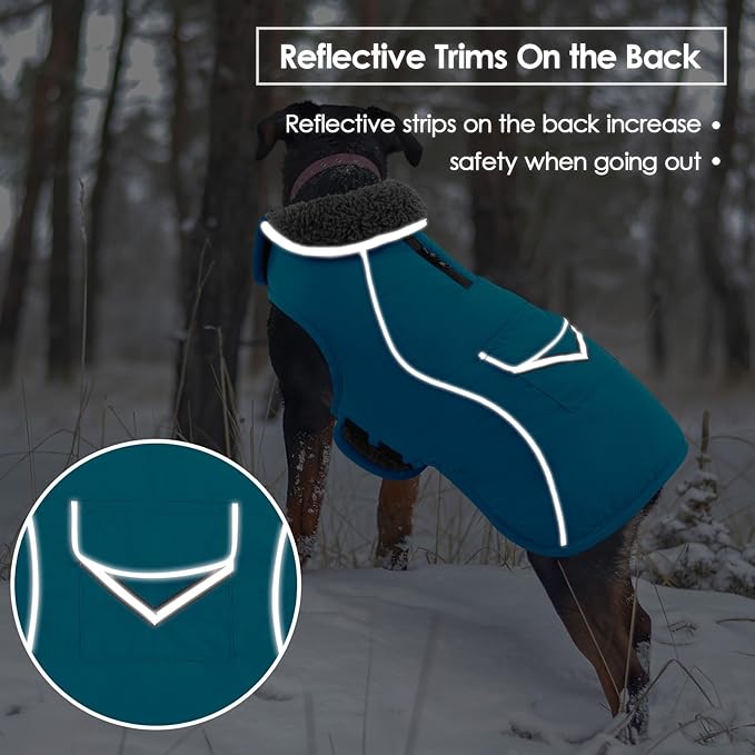 SUNFURA Dog Coat, Warm Dog Coat XXL Puffer Jacket with Harness Hole, Reflective Pet Snow Jacket Turtleneck Fleece Vest for Weimaraner, Labrador, Golden Retriever, Turquoise 2XL