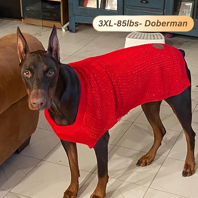 KYEESE Dog Christmas Sweater for Large Dogs with Leash Hole Warm Pullover with Reflective Yarn Male Thick Stretchy Knitwear Winter Soft Pet Coat boy Cold Weather Comfy Dog Sweaters,Red,XXX-Large
