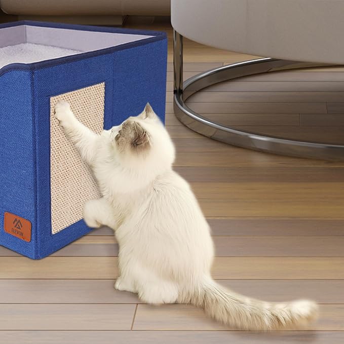 Cat Beds for Indoor Cats, Cat House Cat Cave Beds with Scratch Pad, Foldable Cat Condo Hut with Hanging Ball, Covered Cat Tent for Hideaway, Cute Cat Tunnel Bed for Small Pet Kitten Kitty(Blue)