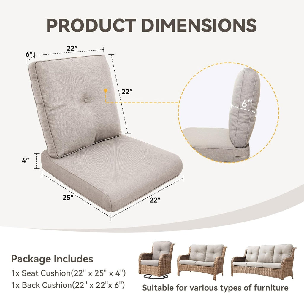 Outdoor Chair Cushions - 22" x 25" x 4" Patio Furniture Cushions with Water Resistant & Removable Cover, 28D High Density Sponge Patio Cushion for Outdoor Furniture Couch Rocker Chair, Beige
