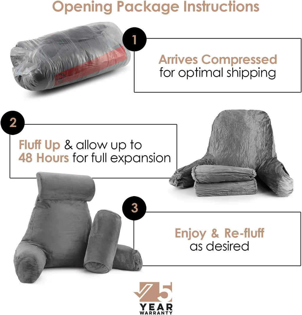 Nestl Reading Pillow with Shredded Memory Foam Includes 2 Neck and Lumber Support Pillows, Designed for Sitting Up in Bed and Couch, Back and Arms Adjustable Support for Adult & Teens, Dark Grey