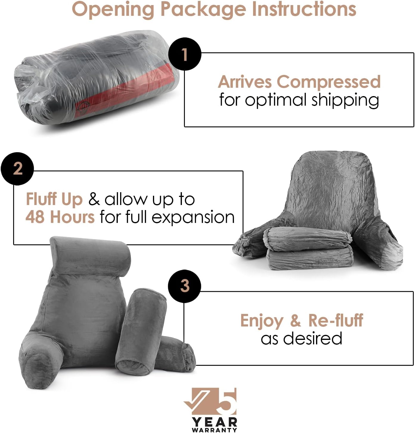 Nestl Reading Pillow with Shredded Memory Foam Includes 2 Neck and Lumber Support Pillows, Designed for Sitting Up in Bed and Couch, Back and Arms Adjustable Support for Adult & Teens, Dark Grey