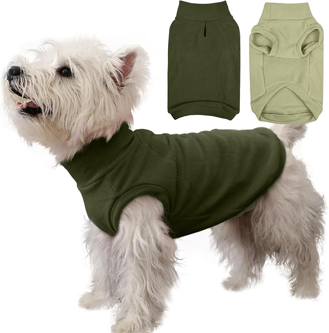 IECOii 2 Pack Fleece Sweaters for Dogs Boy Girl - Warm & Stretchy, Fall & Winter Coats for Small Breeds, Soft & Cozy Dogs Fleece Sweaters for Indoor Outdoor(Size M, Light Green & Army Green)