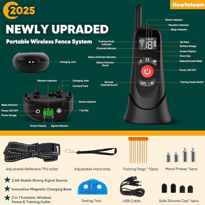 Wireless Dog Fence, Portable Electric Fence for Dogs with Remote Training Collar, Magnetic Charging Base, Outdoor Pet Containmen System for Yards, Adjustable for Medium Large Dogs