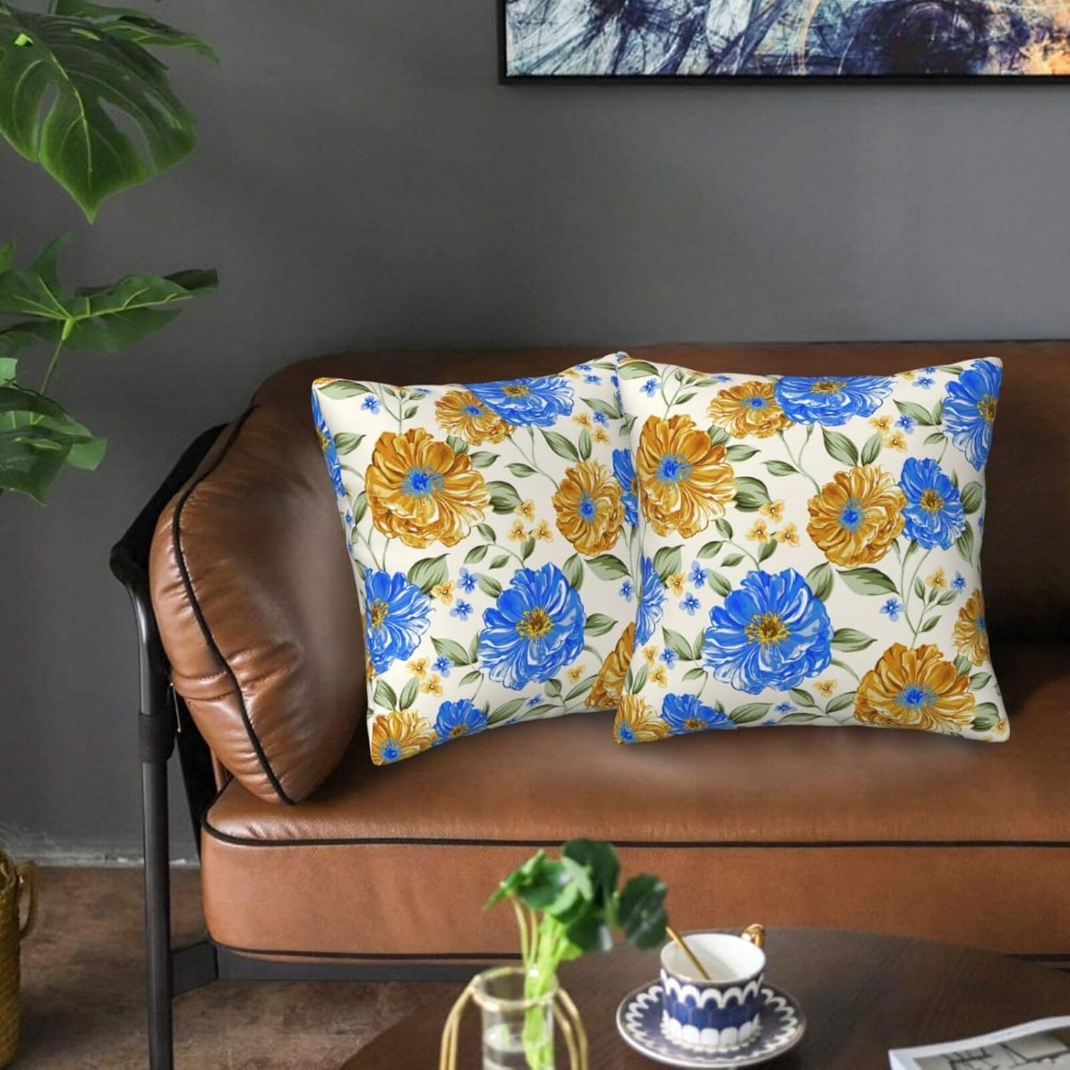 Blue and Yellow Floral Throw Pillow Covers 18x18 Inch Set of 2, Decorative Blue Gold Flowers Pillows, Modern Boho Square Cushion Covers for Office Couch Sofa Bedroom Living Room Farmhouse Home Decor