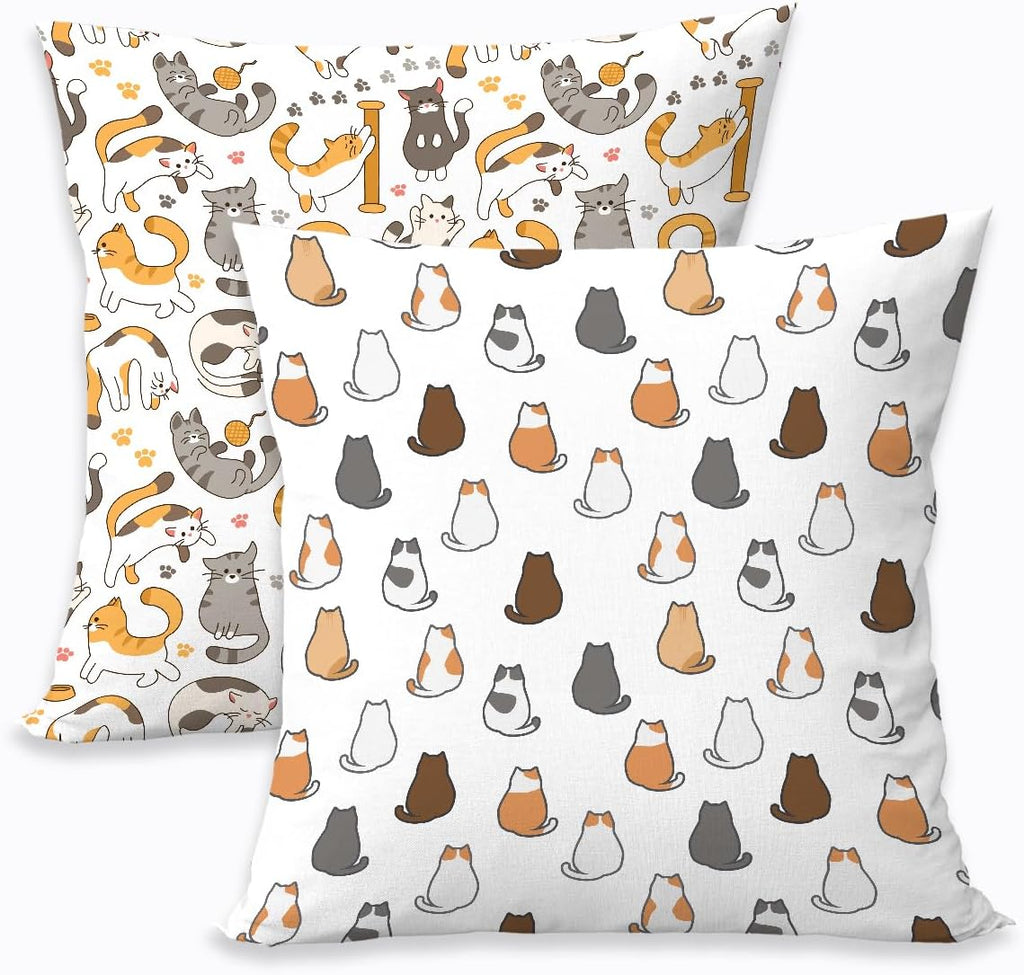 2 Pcs Throw Pillow Cover Lovely Multicolor Cartoon Cats Decorative Throw Pillow Case, Cartoon Geometric Kitten Square Decorative Cushion Cover for Couch Sofa Bedroom Living Room Office Home Decor