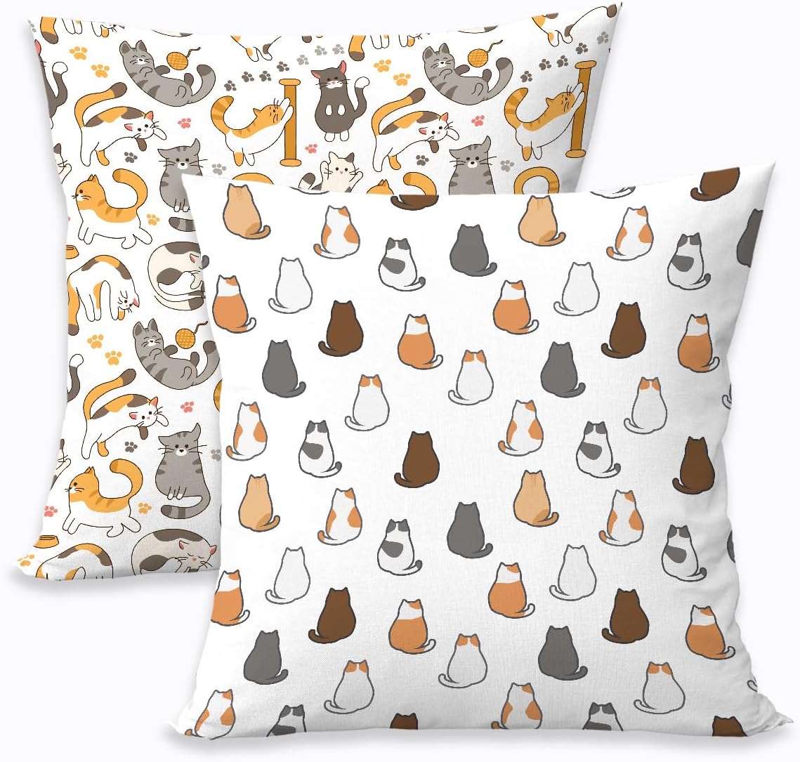 2 Pcs Throw Pillow Cover Lovely Multicolor Cartoon Cats Decorative Throw Pillow Case, Cartoon Geometric Kitten Square Decorative Cushion Cover for Couch Sofa Bedroom Living Room Office Home Decor