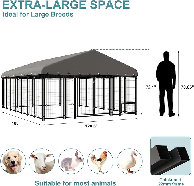 10 x 14 FT Large Outdoor Dog Kennel with Double Swing Doors, Heavy-Duty Dog Cage with Feeding Panel, Weatherproof Roof, Secure Fence Playpen for Large Dogs, Easy Assembly
