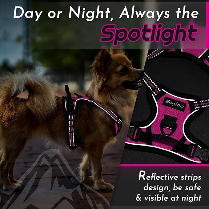 Eagloo Small Dog Harness No Pull, Service Vest with Reflective Strips and Control Handle, Adjustable and Comfortable for Easy Walking, No Choke Pet Harness with 2 Metal Rings, Rose Red, XS
