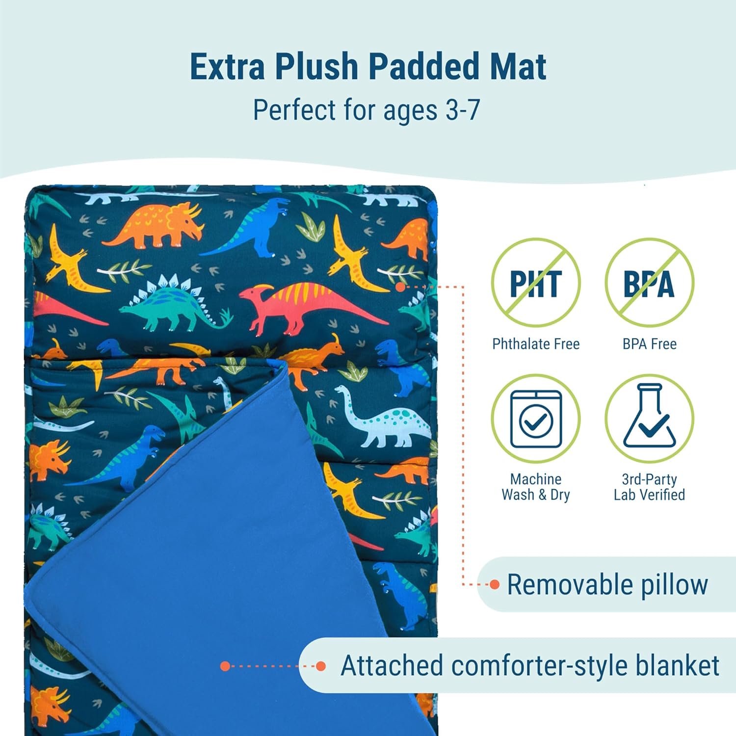 Wildkin Kids Original Nap Mat – Cozy Kids Sleep Mat with Pillow, Ideal for School & Travel - Jurassic Dinosaurs