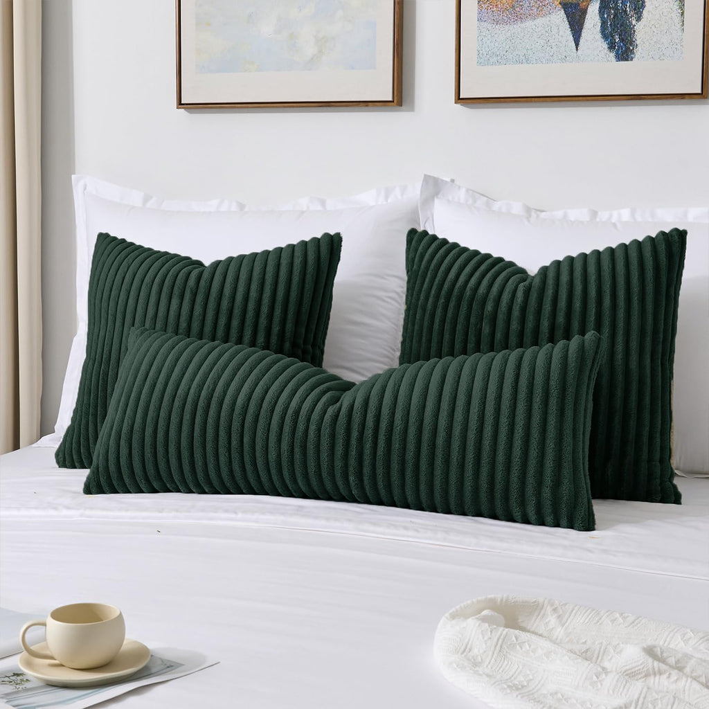 Kevin Textile Christmas Soft Plush 14x36 Inch Long Lumbar Pillow Cover 1 Pack, Luxury Fluffy Faux Fur Striped Flannel Rectangle Body Cushion Case for Couch Sofa Chair Bed Home Decor, Dark Green
