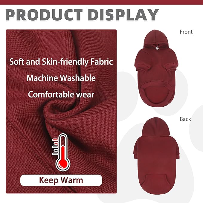 KOOLTAIL Basic Dog Hoodie - Soft and Warm Dog Hoodie Sweater with Leash Hole and Pocket, Dog Winter Coat, Cold Weather Clothes Sweatshirt for Small Medium Large Dogs Puppy Cat Boys Girls Deep Red M