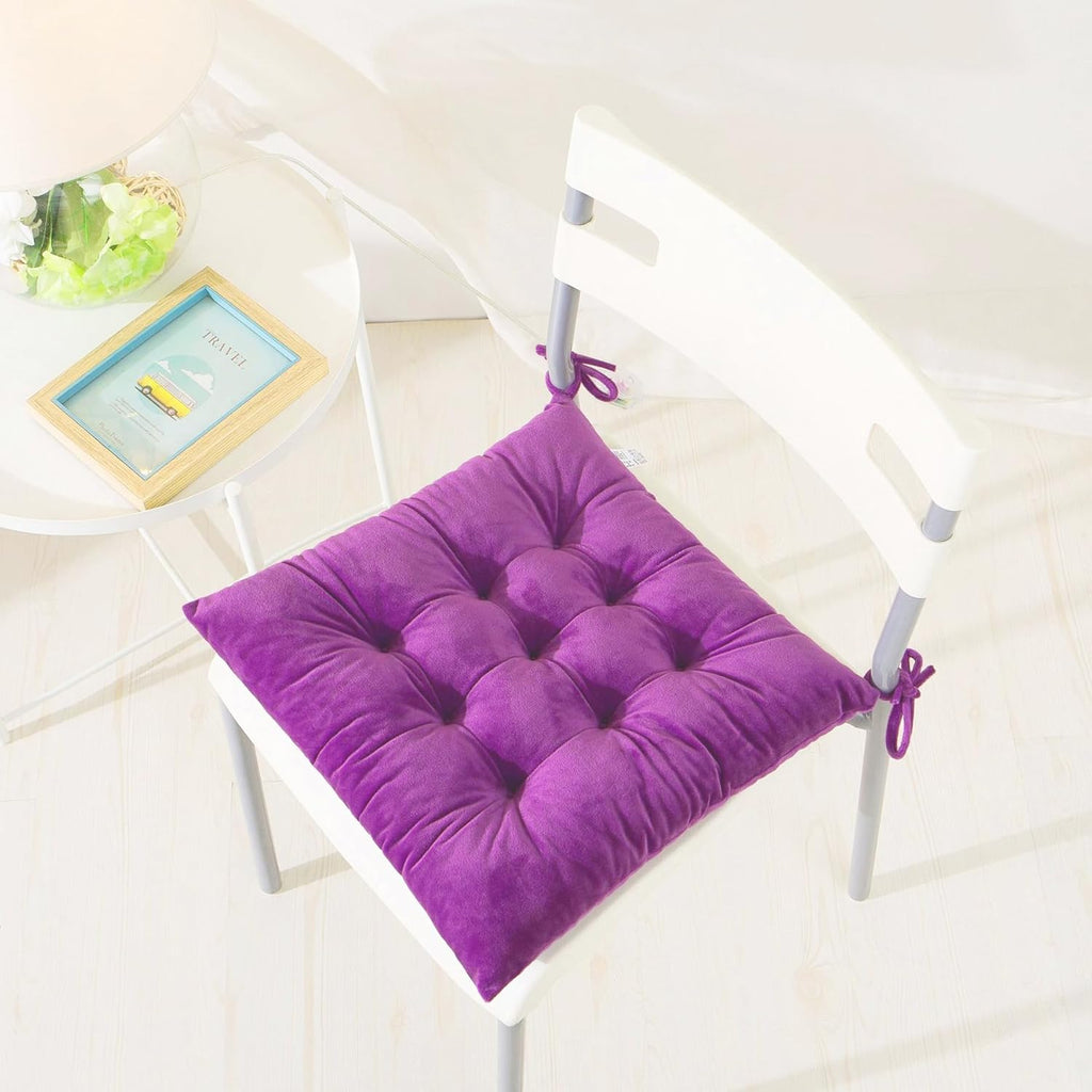 6 Pack Square Seat Cushion Chair Pads for Kitchen Dining Chairs, Soft Comfort Velvet Chair Mat Pillow Cushions with Ties for Office Desk Living Room Tatami 15.5", Purple
