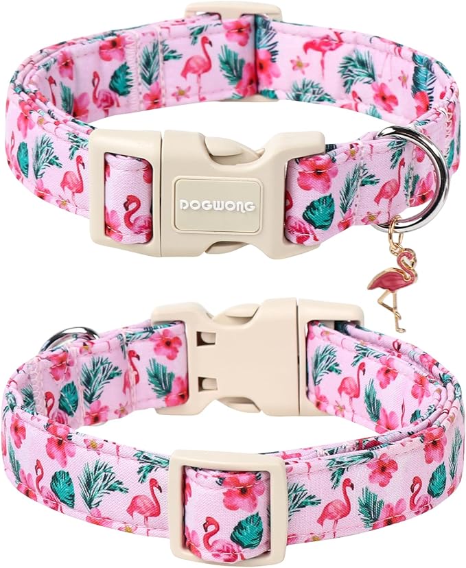 DOGWONG Flamingo Dog Collar - Adjustable Summer Hawaiian Dog Collar for Girl and Boy Dogs with Quick Release Buckle