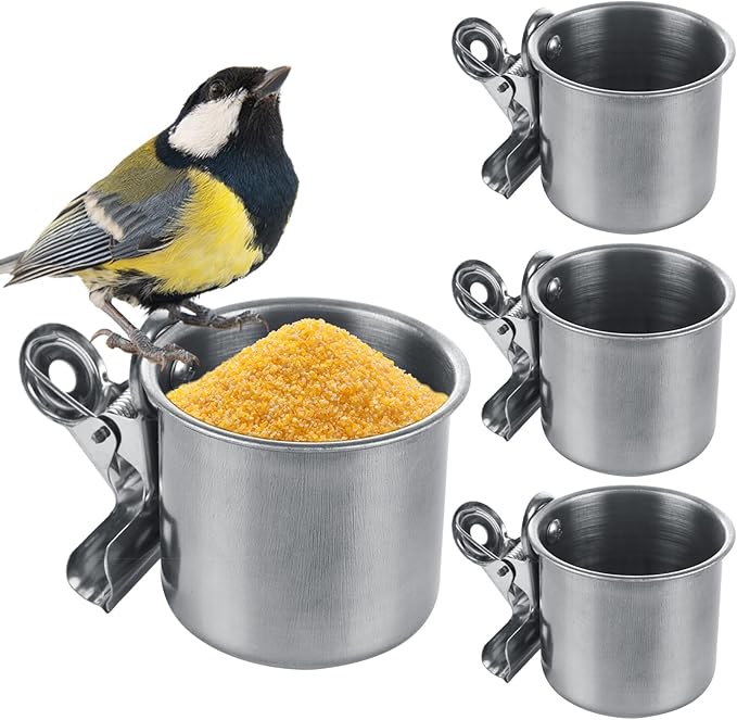 4 Pack Bird Feeding Dish Cups Stainless Steel Parrot Bird Feeder for Cage Parrot Feeders Water Cage Bowls with Clamp Holder for Cockatiel Parakeet Macaw Finches Small Animal