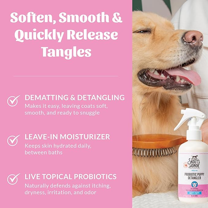 Skout's Honor Probiotic Pet Detangler Spray - Hydrating & Conditioning with Avocado Oil, 97% Natural, Paraben & Sulfate-Free, softens for a More brushable Coat, Daily Use, 8oz, Happy Puppy
