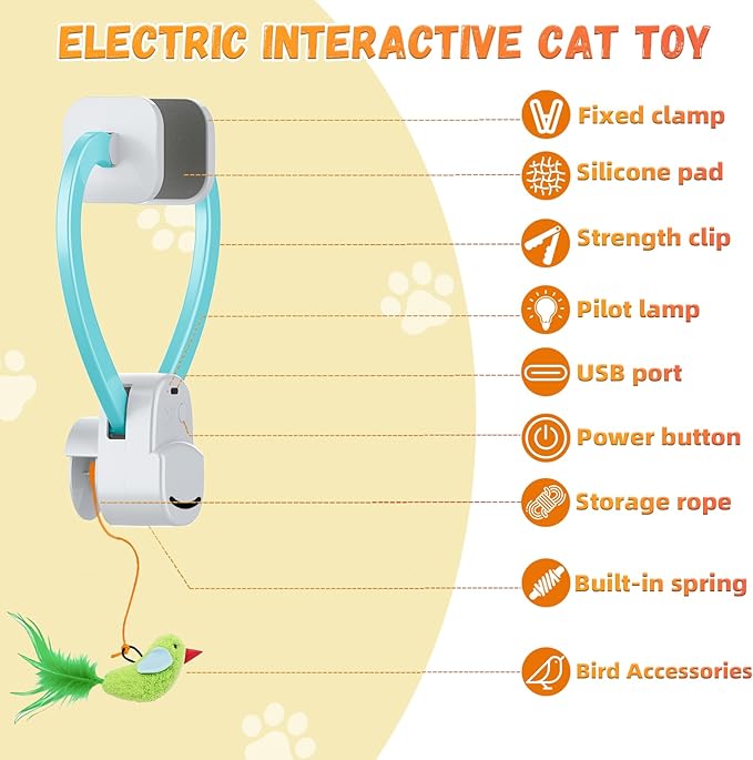 Interactive Cat Toys for Indoor Cats Automatic Electric Flying Bird Feather Wand Toy - Best Kitten & Adult Cat Enrichment Toy Hanging Electric Kitty Toys for Bored Cats