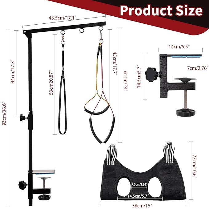 Dog Grooming Table Arm with Hammock - Adjustable Height, Pet Grooming Hammock, No Sit Haunch Holders, Loop Noose Heavy-Duty Clamp (Black)