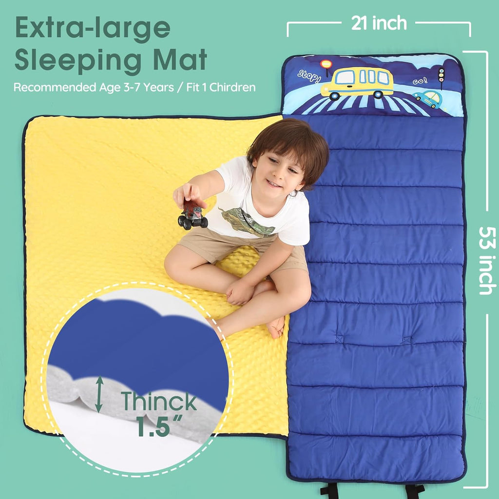 ACRABROS Toddler Nap Mat with Pillow and Blanket, Extra Large Rolled Napping Mats,Slumber Bags for Boys Girls,Kids Sleeping Bag for Daycare, Preschool Travel Camping, Crosswalk Car