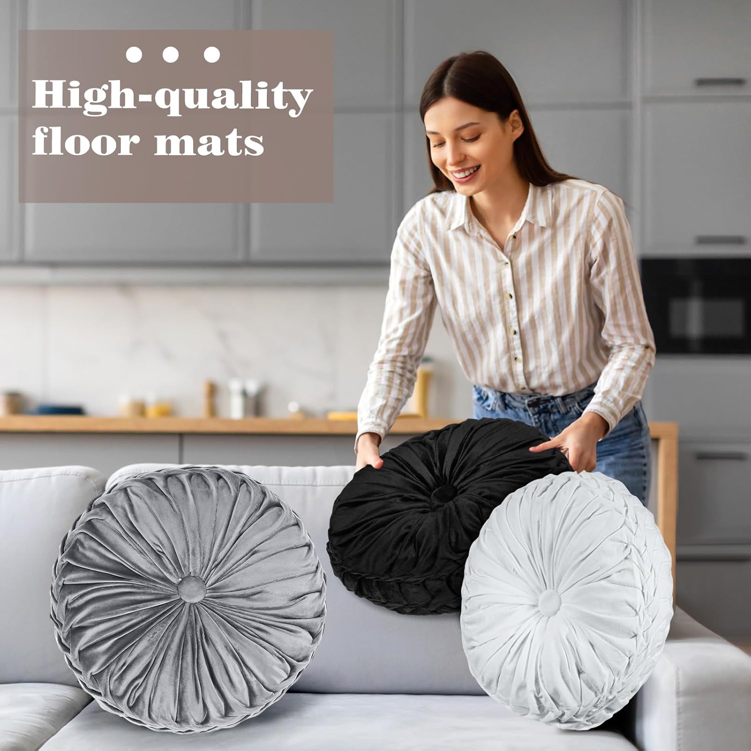 Yerliker 6 Pcs Floor Pillow Cushions 15inch Round Velvet Throw Pillows Colorful Flexible Cushions Alternative Pillows for Couch Chair Living Room Bedroom Home Office Decor(Black and White Color)