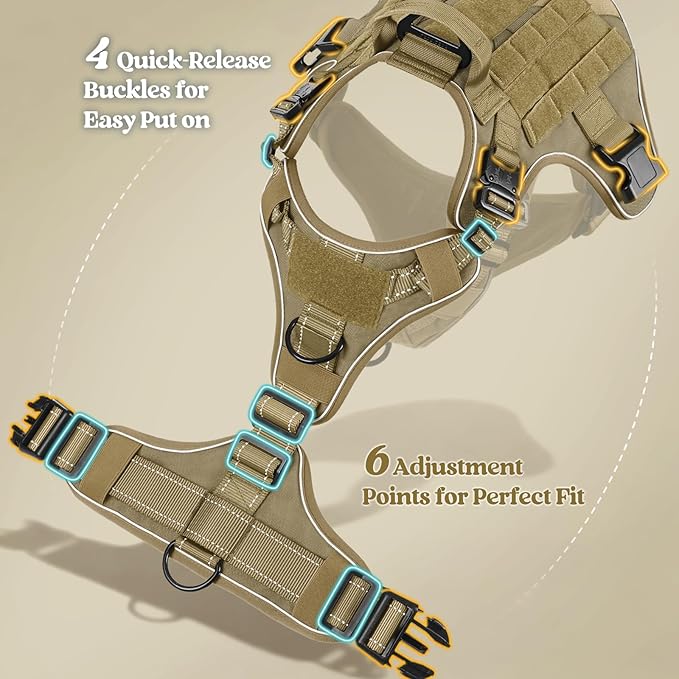 rabbitgoo Tactical Dog Harness for Large Dogs, No Pull Upgraded Reflective Heavy Duty Molle Vest with Handle, Adjustable Military Service Dog Vest for Walking Hiking Training, Brown, L