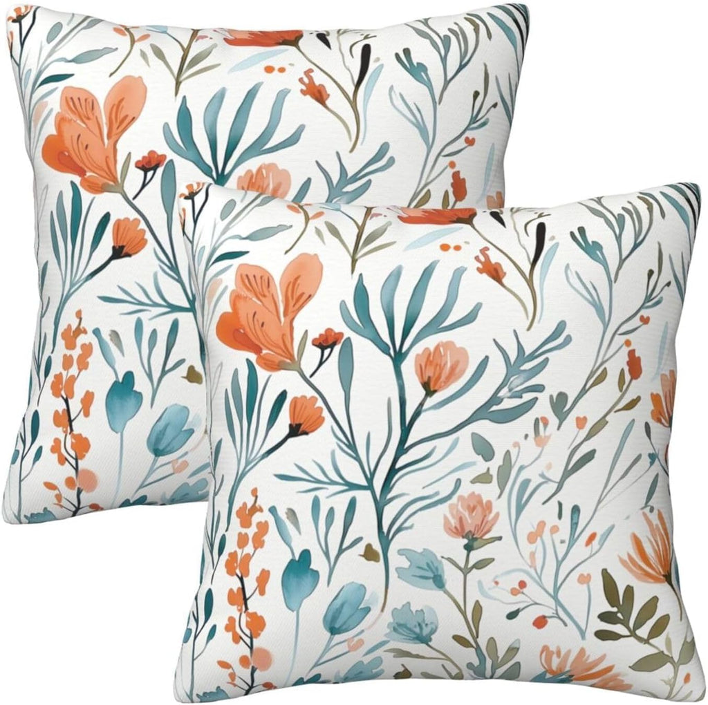 Turquoise Orange Floral Throw Pillow Covers 18x18 in Set of 2 Decorative Teal Orange Flower Square Pillowcase Pillowcovers for Couch Living Room Sofa Bedroom